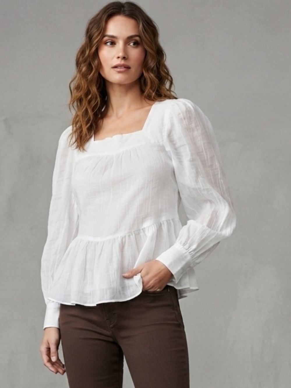 American Eagle White Square-Neck Peplum Blouse